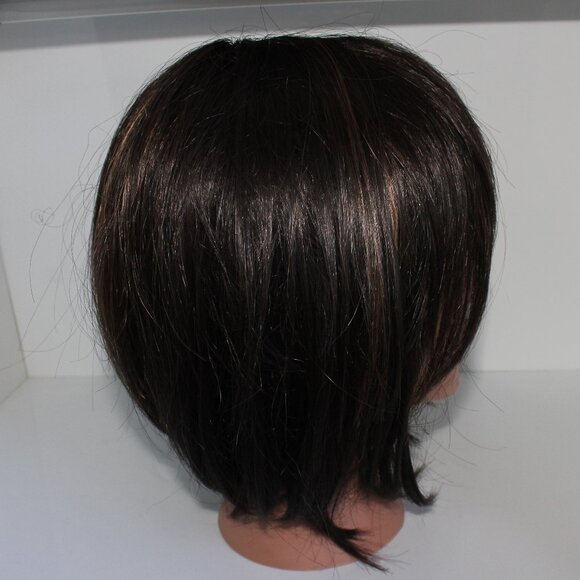 Synthetic Fiber Short Straight Brown W/Highlights Bob Wig With Bangs - Picture 5 of 11